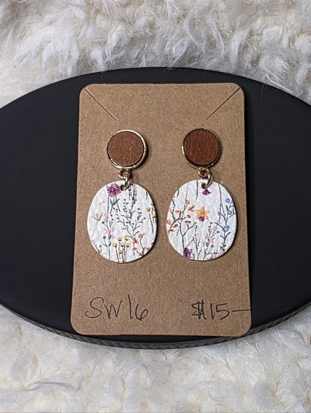 Floral White Leather Drop Earrings with Wood Accent